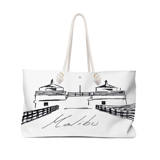 MALIBU PIER TOWERS Natural Weekender Bag - Made in the USA with recycled fiber and Original Illustration by Artify Life