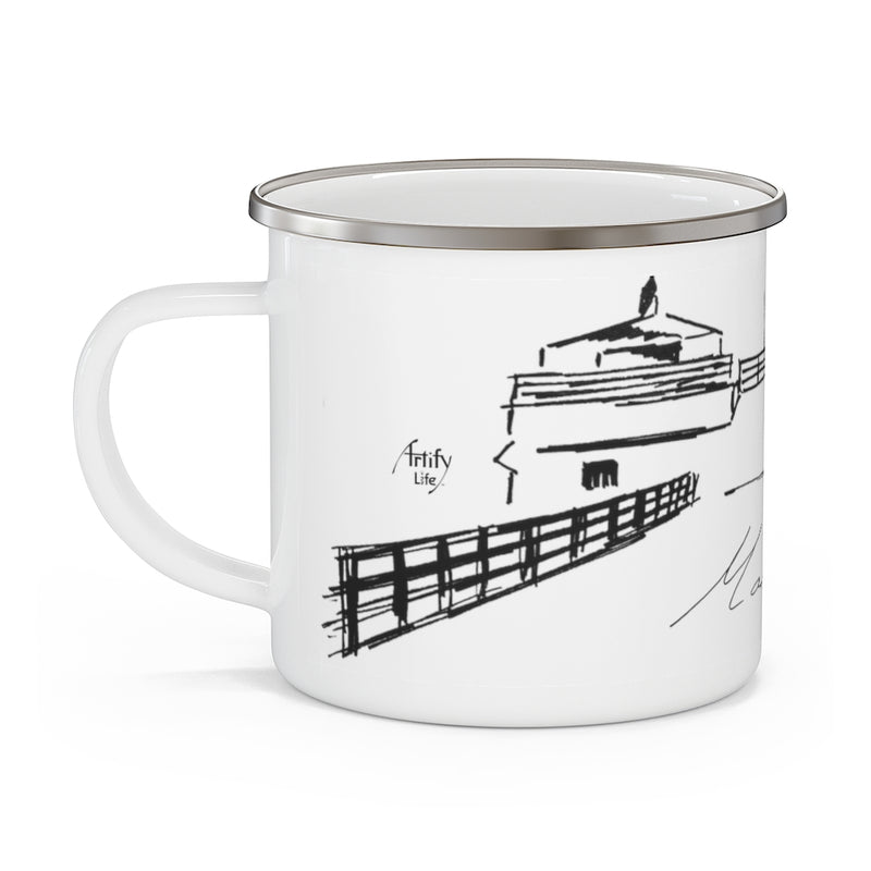 MALIBU PIER TOWERS White Enamel and Stainless Steel Camp Mug with Original Illustration by Artify Life
