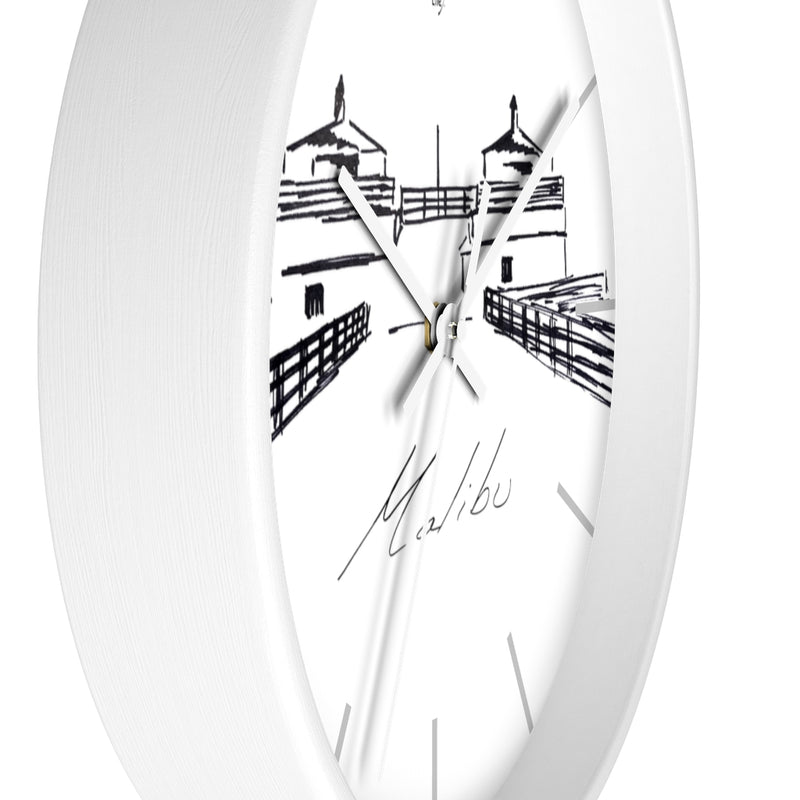 MALIBU PIER TOWERS 10" Wall clock with Original Black & White illustration by Artify Life