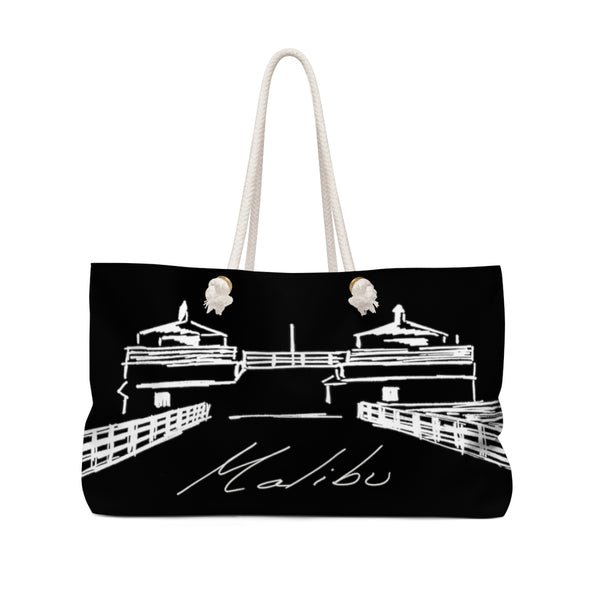 MALIBU PIER TOWERS Black Weekender Bag - Made in the USA with Natural recycled fiber and Original Illustration by Artify Life