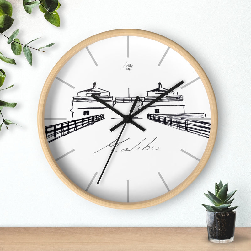MALIBU PIER TOWERS 10" Wall clock with Original Black & White illustration by Artify Life