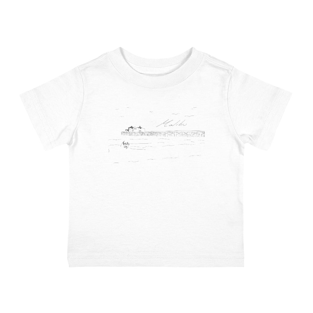 MALIBU PIER Jersey Baby Tee in White with Original BEACH Illustration by Artify Life - 6M to 24M