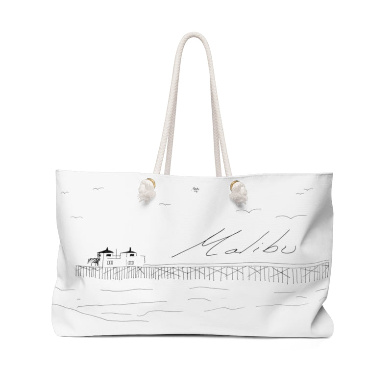 MALIBU PIER BEACH Natural Weekender Bag - Made in the USA with recycled fiber and Original Illustration by Artify Life