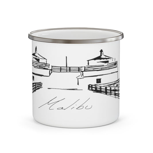 MALIBU PIER TOWERS White Enamel and Stainless Steel Camp Mug with Original Illustration by Artify Life