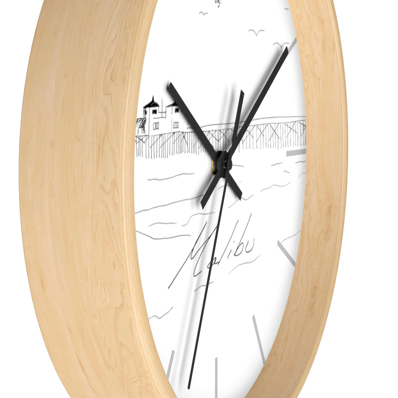 MALIBU PIER BEACH 10" Wall Clock with Original Black & White Illustration by Artify Life