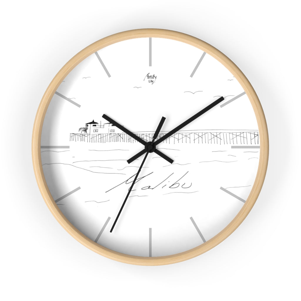 MALIBU PIER BEACH 10" Wall Clock with Original Black & White Illustration by Artify Life