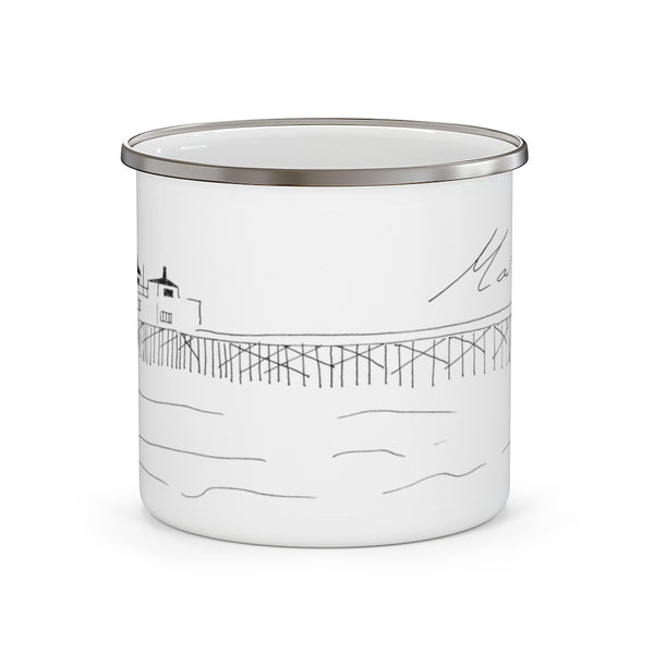 MALIBU PIER BEACH White Enamel and Stainless Steel Camp Mug with Original Illustration by Artify Life