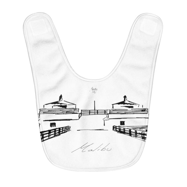 MALIBU PIER TOWERS Baby Bib in white with Oringinal illustration by Artify Life