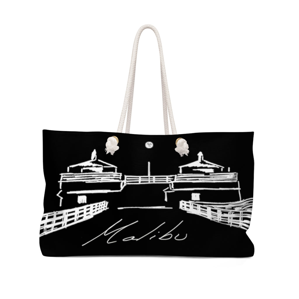 MALIBU PIER TOWERS Black Weekender Bag - Made in the USA with Natural recycled fiber and Original Illustration by Artify Life