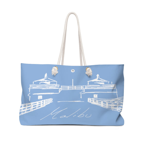 MALIBU PIER TOWERS Blue Weekender Bag - Made in the USA with recycled fiber and Original Illustration by Artify Life